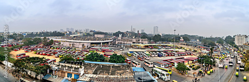 Aerial panoramic image of Bangalore Majestic bus terminus in the evening with nice blue color sky.