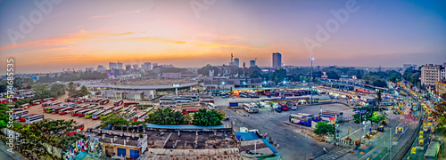 Aerial image of Bangalore bus terminus in the evening with nice orange blue color sky during Sunset . photo