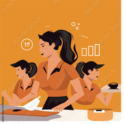 a woman wearing an orange dress with long black hair tied in a single bun who works as a food server
