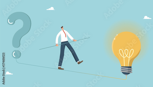 Brainstorming for new idea or opportunity, creative problem solving, career path or goal achievement, smart business man going from question mark to light bulb idea.