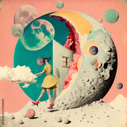 surreal collage of a retro 70s woman in a dreamy background, dream travel concept, pop colors, generative ai illustration
