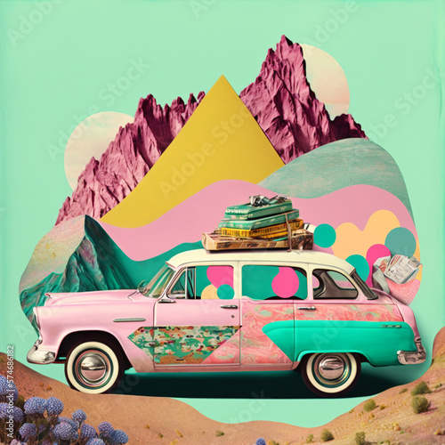 surreal dreamy pop collage travel theme, vibrant pastel colors, a vintage retro car, generative ai illustration