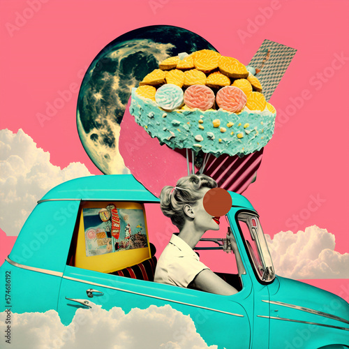 surreal collageof a 70s woman style with a retro car, travel theme concept, pop colors, nostalgic mood, generative ai illustration
