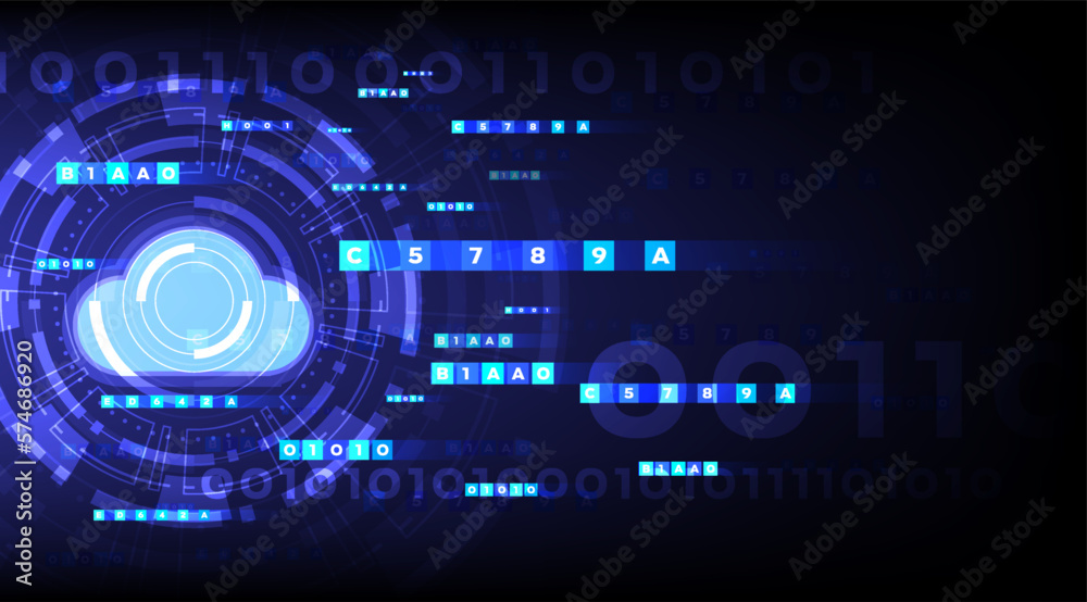 Digital cloud networking and password code. Binary computer random concept. Abstract data transfer technology banner layout. Web server encoding communication background