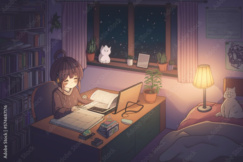 cute anime girl studying in her room, cozy, chill, lofi vibes Stock ...