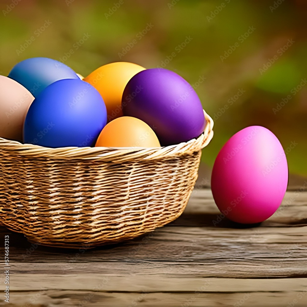 Easter eggs in a tatch basket on a wooden table - IA generativa Easter eggs in a tatch basket on a wooden table - IA generativa