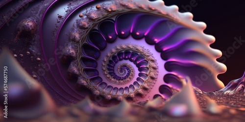 Iridescent purple shimmer ammonite shell spiral, fossilized in ancient prehistoric rocks, detailed texture and fascinating golden ratio pattern - generative AI.