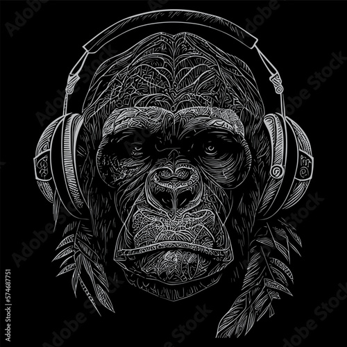 Fotografija A gorilla wearing headphones is lost in a world of music, nodding its head to the beat