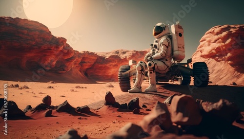 Astronaut in the mars rover on red planet surface explores the cosmic landscape  Generative AI
