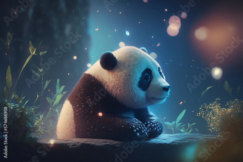 Cute panda in forest in Spring Season, Sit in the light. Generative Ai
