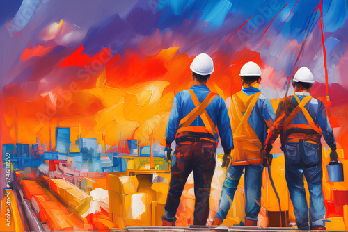 Construction workers on a construction site. Wear PPE for safety and to avoid accidents. Computer generated images using the concept of oil painting.