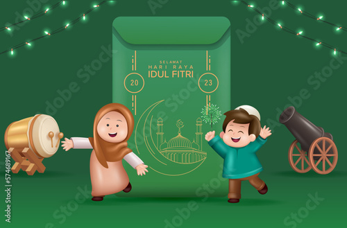 Translation : Happy Eid Mubarak. Eid Design with Big Envelope and Two Kids Celebrating. 