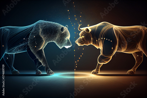 Financial market bear and bull facing each other. bear vs bull. Generative AI technology