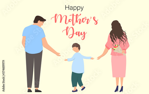 Vector illustration of a happy family, mother father son holding hands.Happy Mother's Day vector illustration.