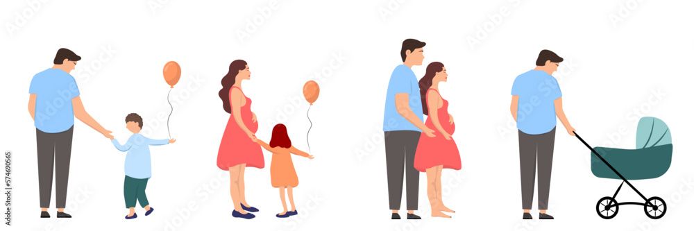 Set of vector cartoon characters. Vector illustration in a flat style. The stages of development of the family. Pregnant Women, birth of children. Set of vector cartoon characters. Vector illustration in a flat style. The stages of development of the family. Pregnant Women, birth of children.