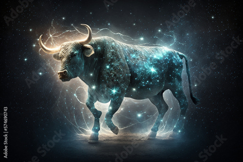 Taurus zodiac sign. Bull illustration with magic light in space. Generative ai