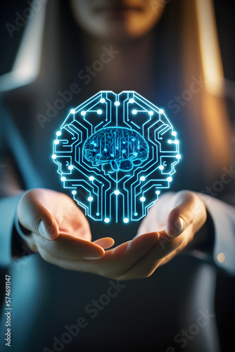 Women holding glowing virtual ai brain icon, generative AI