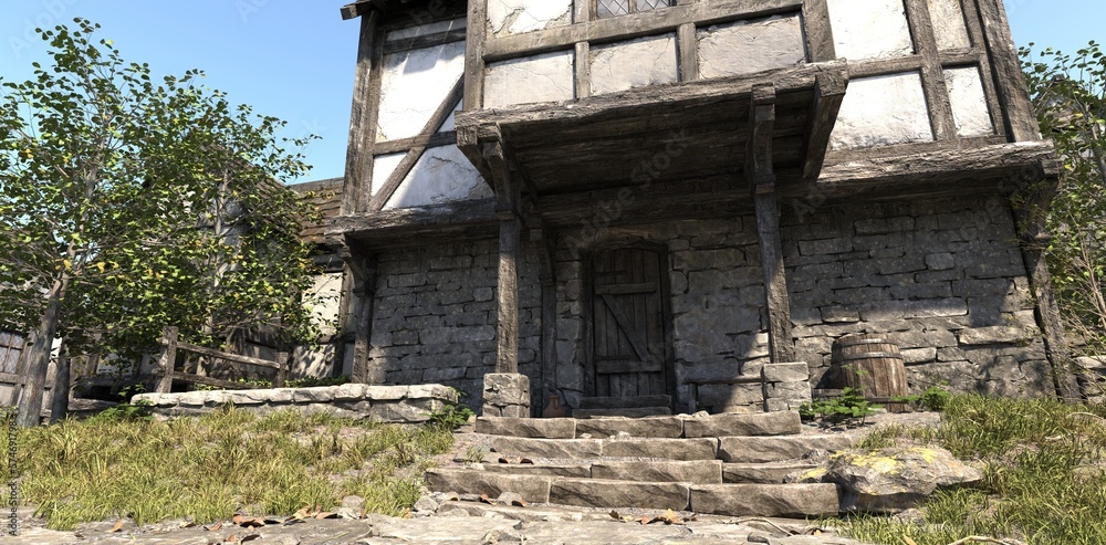 Photorealistic 3D illustration of a medieval village. Porch with stone steps leading to a medieval house. Stony ground with grass. Photorealistic 3D illustration of a medieval village. Porch with stone steps leading to a medieval house. Stony ground with grass.