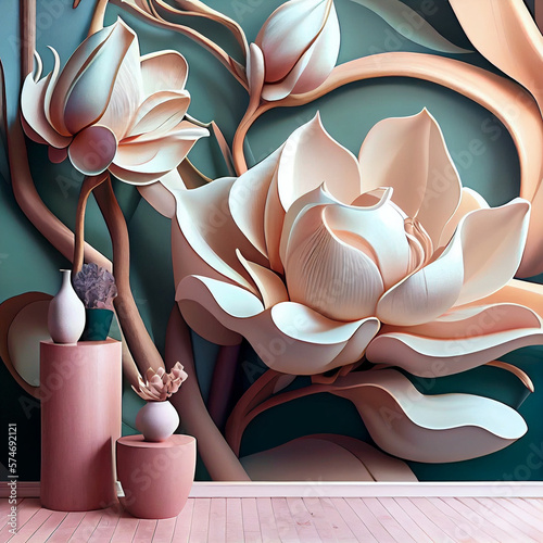 Magnolia Wallpaper: Bringing Eclectic Interior Design to Life in Modern Living Rooms, created by Generative AI photo