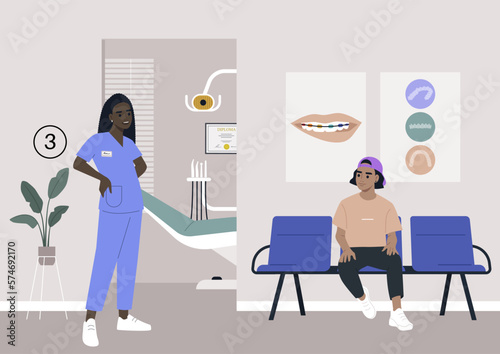 A young patient visiting an orthodontist cabinet, a waiting area