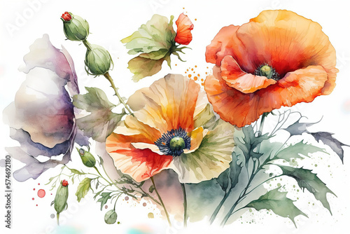 Multicolored flowers poppies on white background, floral pattern, space for copy and space for text greeting card for mother's day, women's day, wedding, holiday illustration. Generative AI.