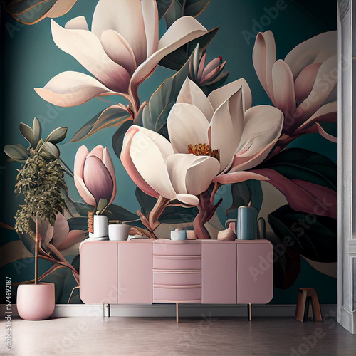 Magnolia Wallpaper: Bringing Eclectic Interior Design to Life in Modern Living Rooms, created by Generative AI photo