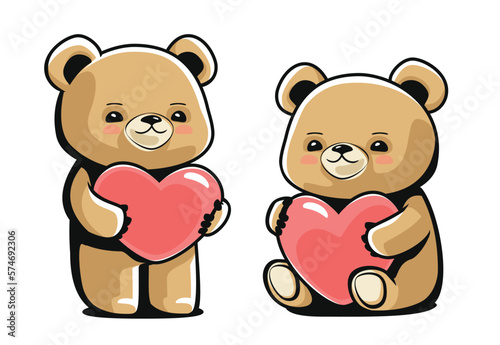 Happy teddy bear with heart in paws. Funny cute toy. Valentines Day, love concept. Cartoon vector illustration
