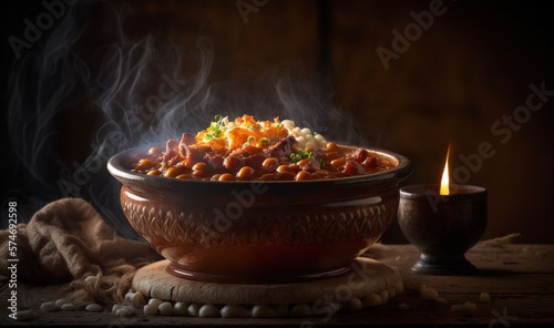  a bowl of food with a lit candle in the background. generative ai