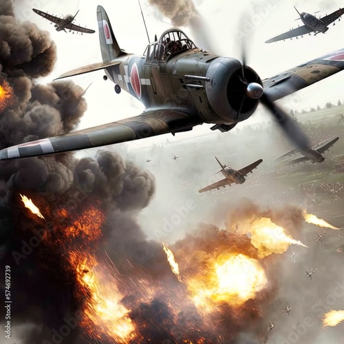 Obraz na płótnie World War 2 aerial battle. Action scene. Made with Generative AI.