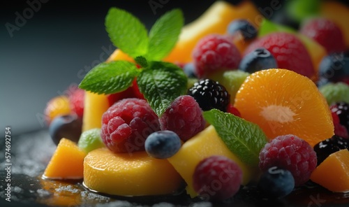  a close up of a plate of fruit with mint leaves.  generative ai