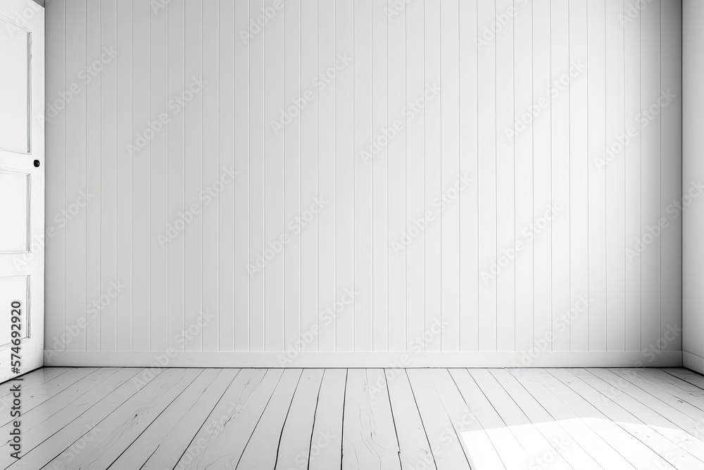 White blank wall and wooden floor in the space. Generative AI