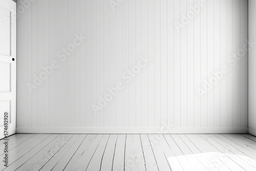 White blank wall and wooden floor in the space. Generative AI