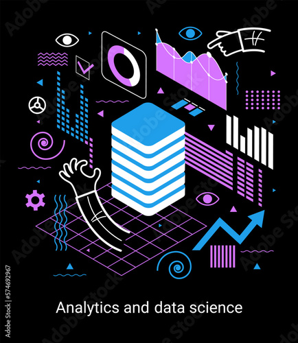 Concept of data research, technology, data analysis and science. Modern flat design isometric concept. Landing page template.