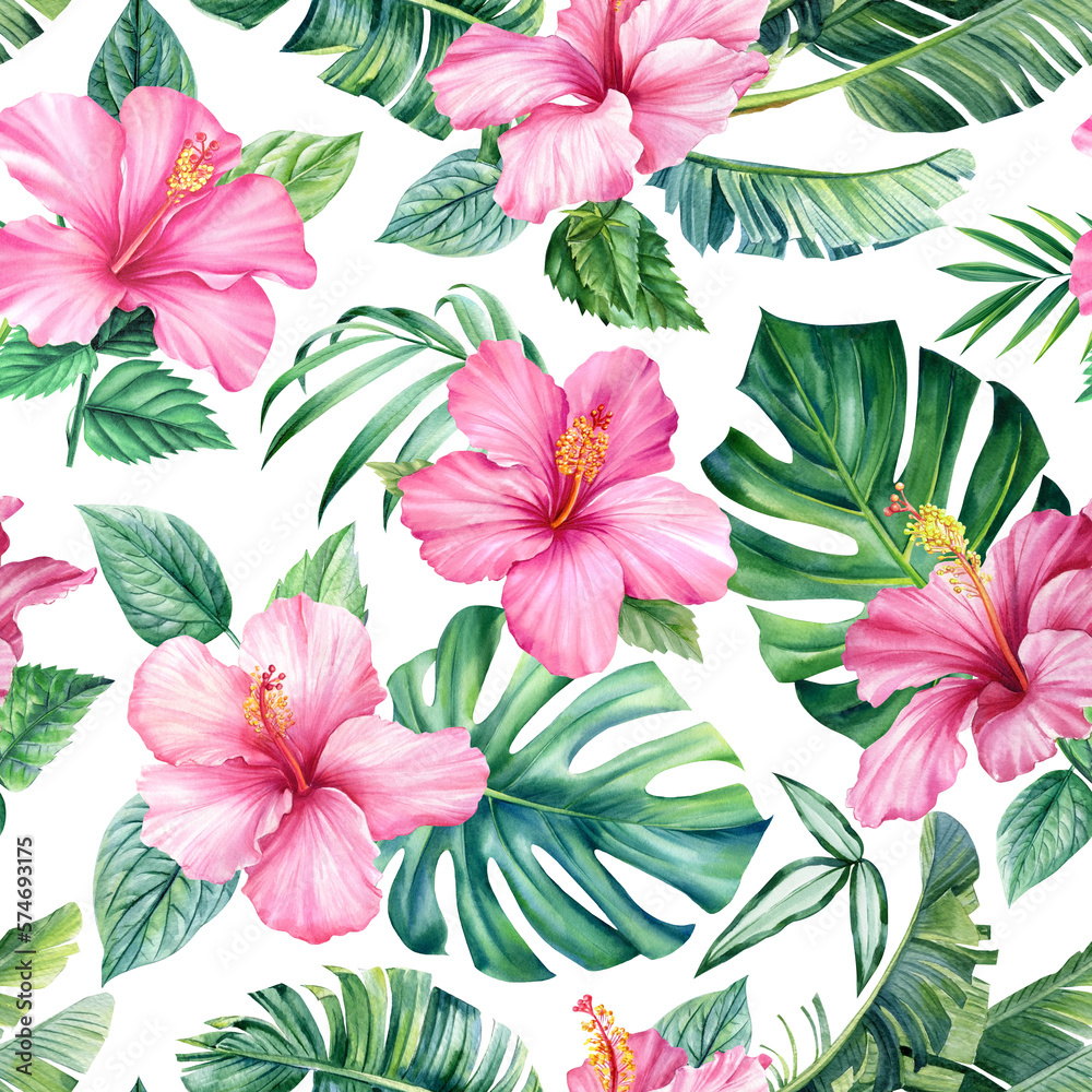 Pink hibiscus and leaves. Tropical flowers watercolor. Jungle seamless pattern, floral background. Palm leaf