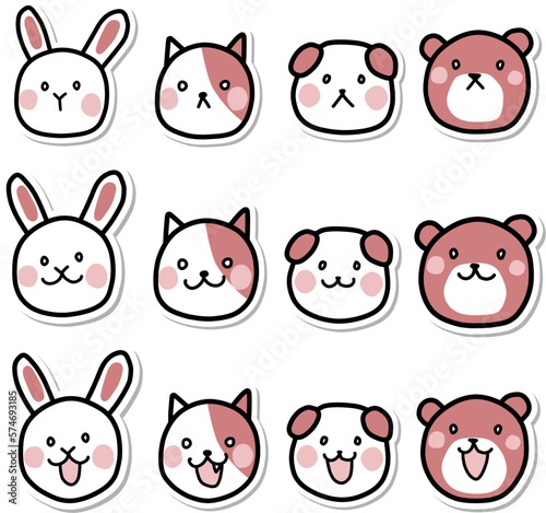 アイコン風動物の顔カラーイラストセットシール風