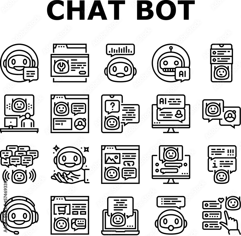 chat bot robot service online icons set vector chat bot robot service online icons set vector
