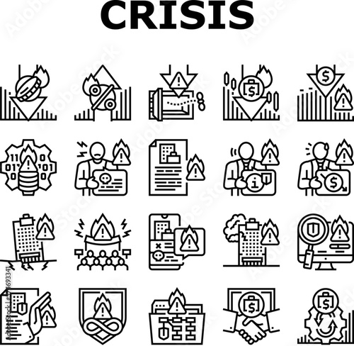 crisis management risk strategy icons set vector