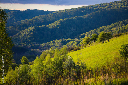 Fototapeta Naklejka Na Ścianę i Meble -  sunset over a lush green mountain glade in europe, spring landscape during sunset, the san valley in the polish mountains bieszczady