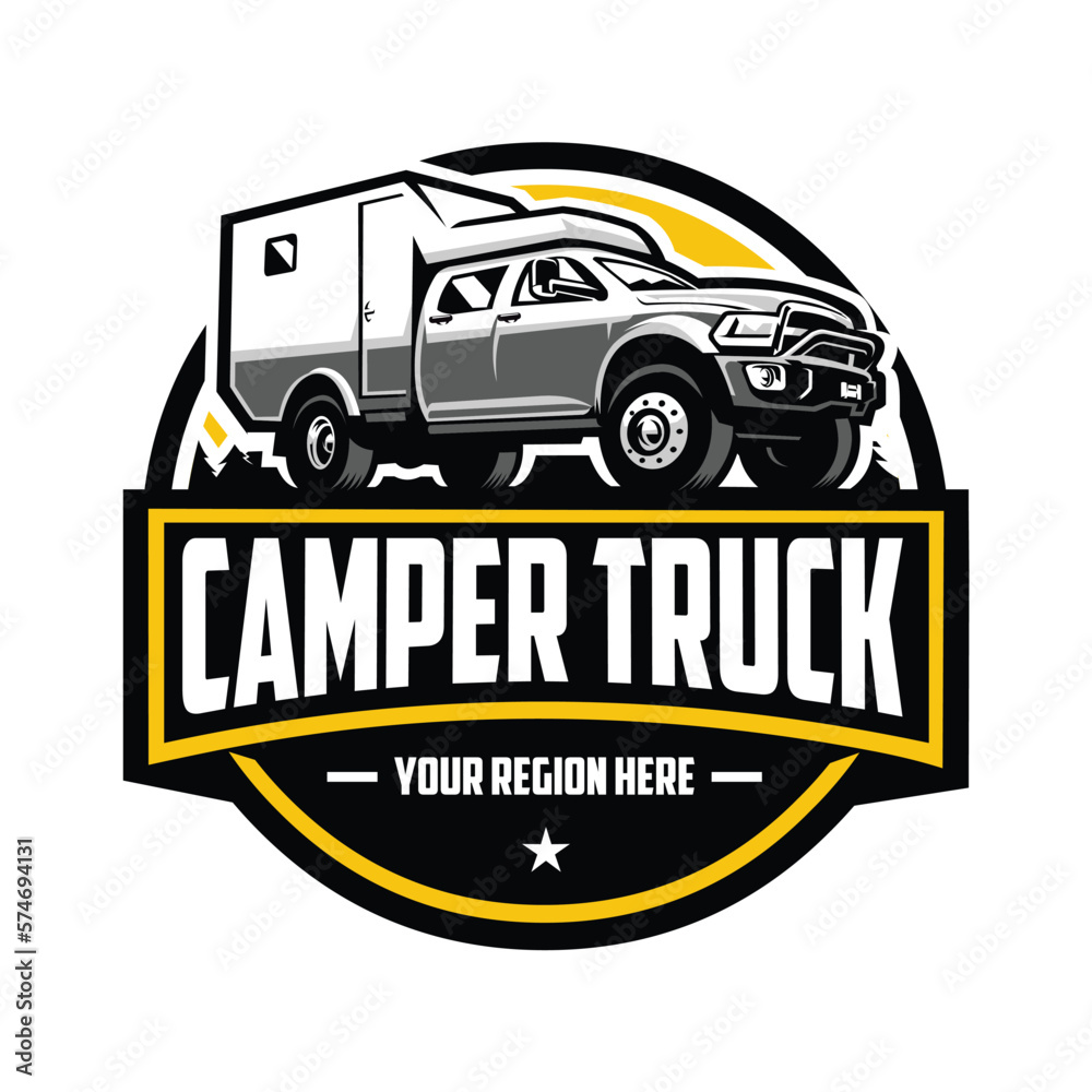 Camper truck overland truck vector circle emblem logo template. Best for outdoor adventure automotive sport related logo and tshirt design