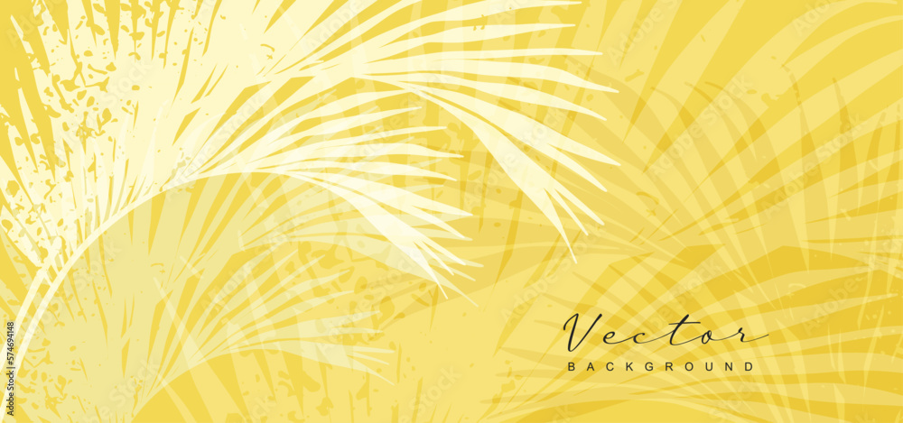 Trendy yellow background with tropical leaves. Floral banner with plant branches for poster, advertising, print, invitation, postcard, wedding decoration