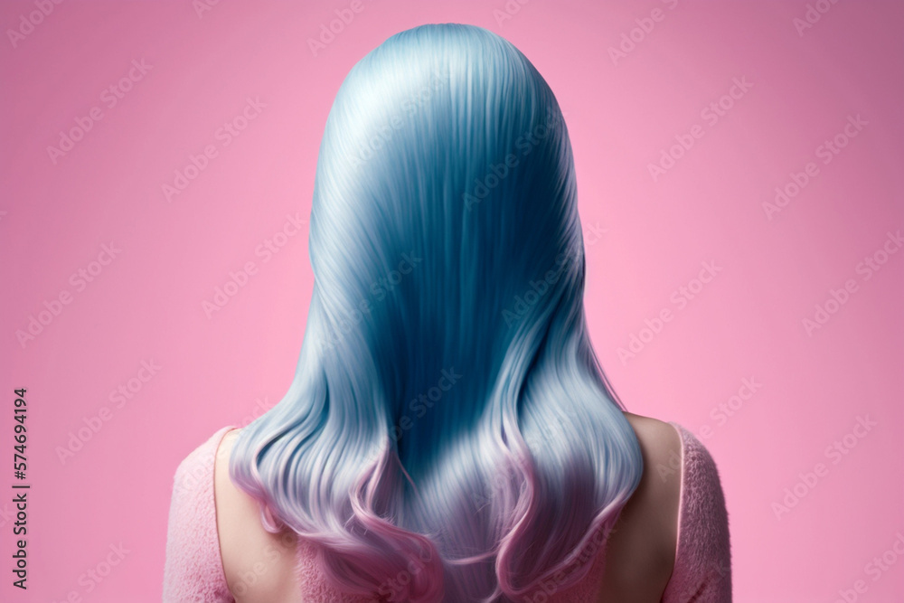 Beauty fashion woman with colorful blue and pink dyed hair, view from back. Hair salon, care and beauty hair products, trendy coloring. AI generated.