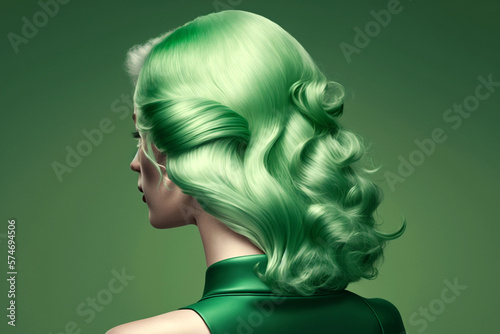 Beauty fashion woman with colorful green dyed hair, view from back. Hair salon, care and beauty hair products, trendy coloring. AI generated image