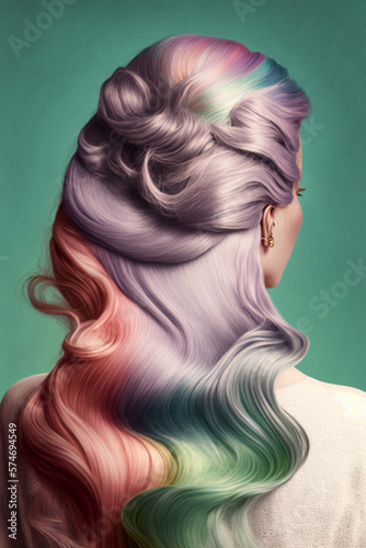 Beauty fashion woman with colorful blue, pink and violet dyed hair, view from back. Hair salon, care and beauty hair products, trendy coloring. AI generated image