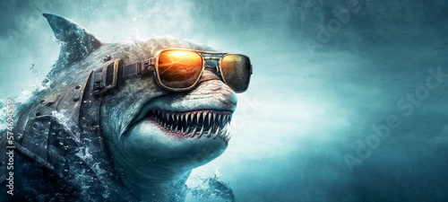 Fabulous punk shark wearing tinted sunglasses showing teeth, beware the sly guy.  Fantasy image created with generative ai photo