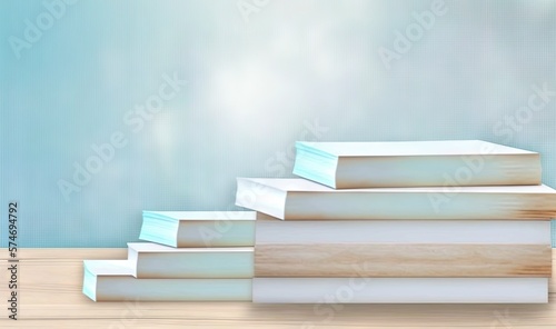  a stack of books sitting on top of a wooden table. generative ai
