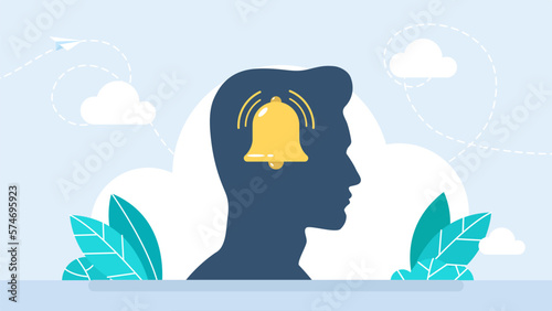 Human memory. Keep thought in head. Remember. Bell in the head. Notification bell icon for incoming inbox message. Ringing bell and notification number sign. Memorize information. Vector illustration