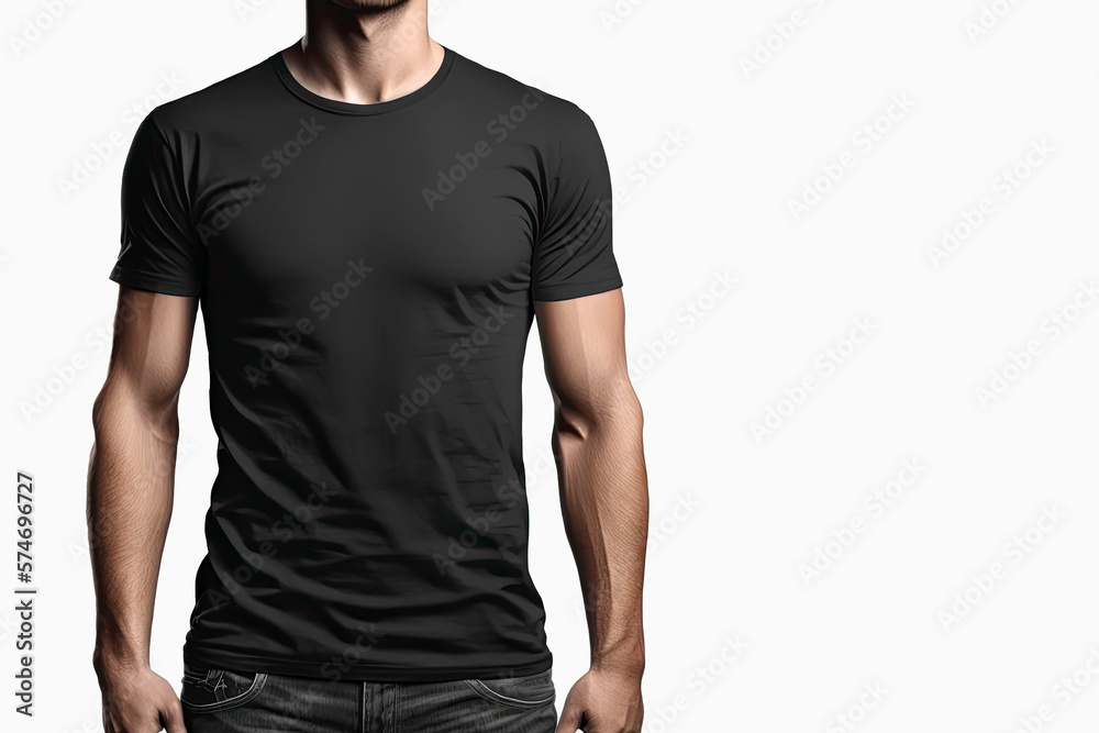 T-shirt mockup. Closeup of young man's body in empty black t-shirt on white background. Mock up template for design print. Generative Ai T-shirt mockup. Closeup of young man's body in empty black t-shirt on white background. Mock up template for design print. Generative Ai