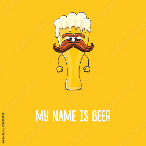 vector cartoon funky beer glass character with sunglasses isolated on orange background.vector beer comic label or poster design template. My name is beer or happy friday print illustration