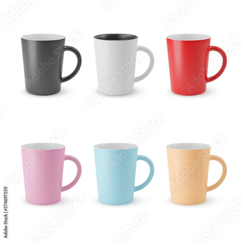 Illustration of Six Realistic Empty Ceramic Coffee Cup on a White. Mockup with Shadow Effect, and Copy Space for Your Design. For Web Design, and Printing