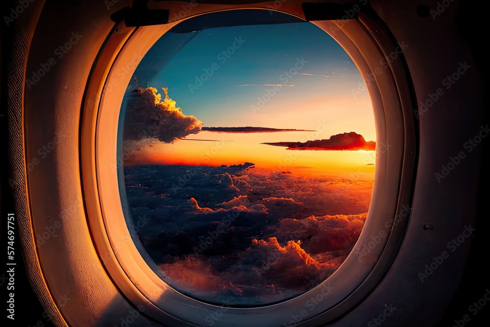 Inside plane window under sunset cloud Made with Generative AI Inside plane window under sunset cloud Made with Generative AI